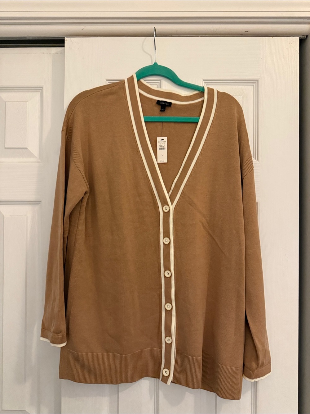 Talbots Tan Button-Front V-Neck Cardigan with Cream Trim